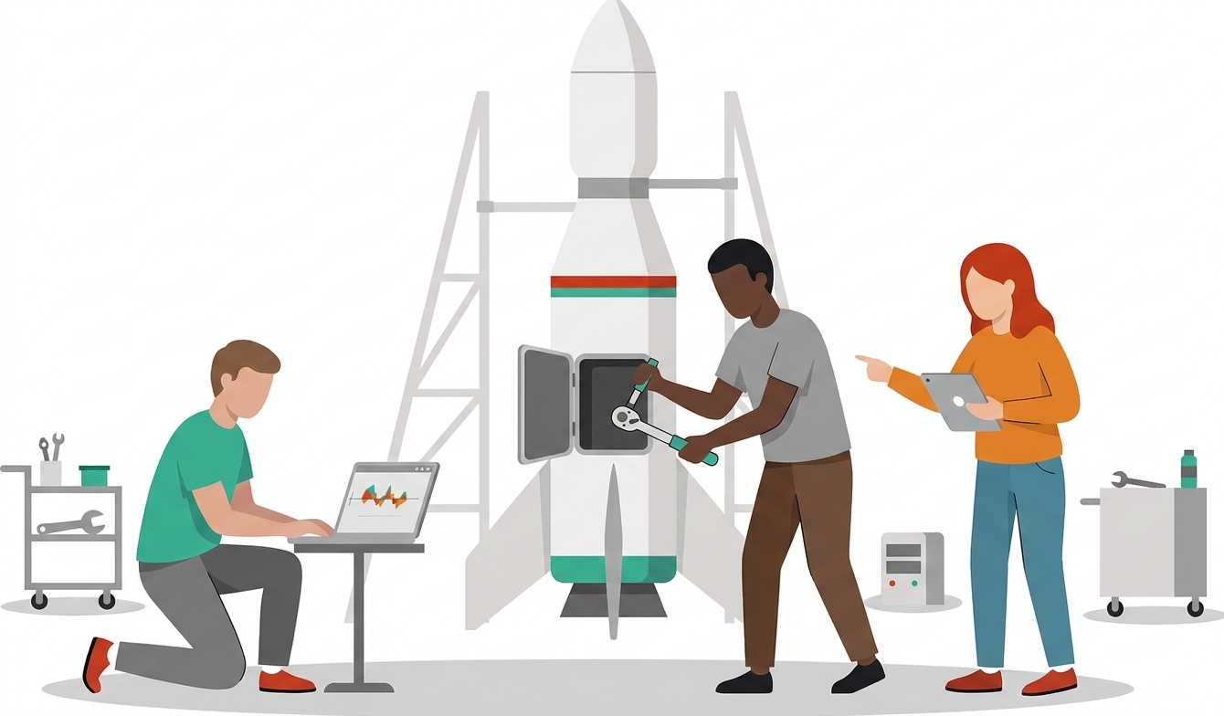 Three people working together to launch a rocket, the running start metaphor for co-creation